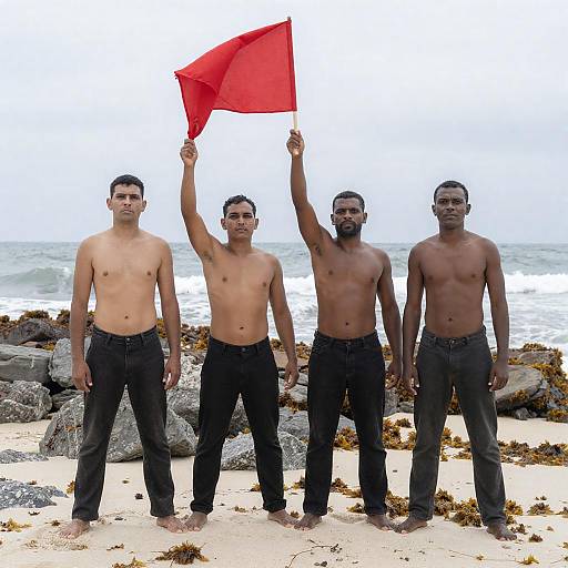 Intense Beach Scene with Four Men