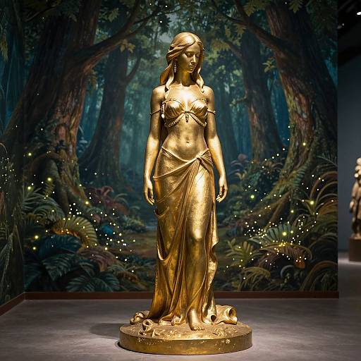 Photograph of a golden statue of a serene, classical-style woman with a draped, flowing gown, standing in a dark forest-themed display with glowing lights