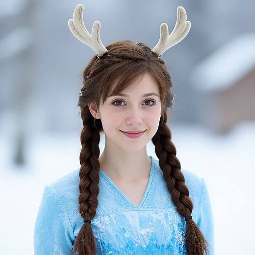 Photograph of a young girl with brown braids, light blue glittery shirt, and white antler headband, smiling in a snowy background.