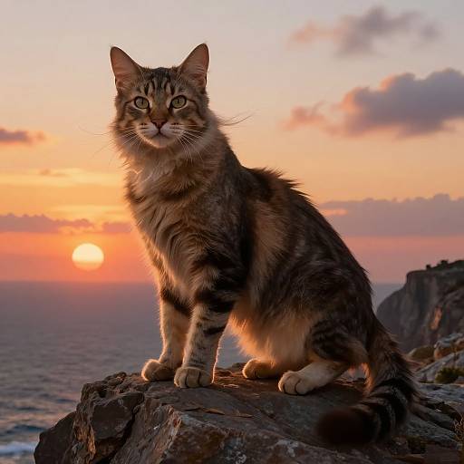 Photograph of a fluffy, long-haired tabby cat with green eyes sitting on a rocky cliff at sunset, with an orange sky and sun setting over