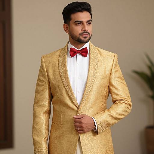 Photograph of a handsome South Asian man with a trimmed beard, wearing a gold textured suit, white shirt, red bow tie, and brown wristwatch