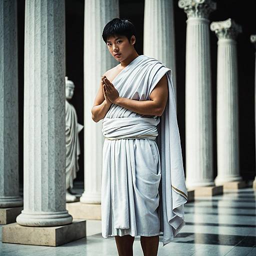 Asian Man in Toga Outfit Standing by Marble Columns
