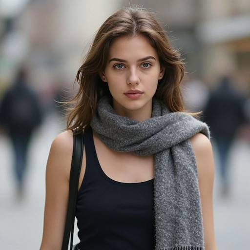 Photograph of a young woman with fair skin, brown hair, and blue eyes, wearing a black tank top and gray scarf, standing in a blurred