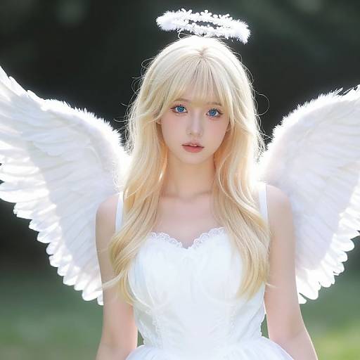 Photograph-style digital art of a blonde angel with blue eyes, white wings, halo, and white dress, set against a dark green background.