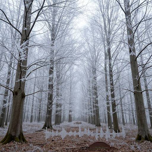 Photograph of a frost-covered, leafless forest with tall, dark trees and white, icy branches. A white picket fence runs along the forest