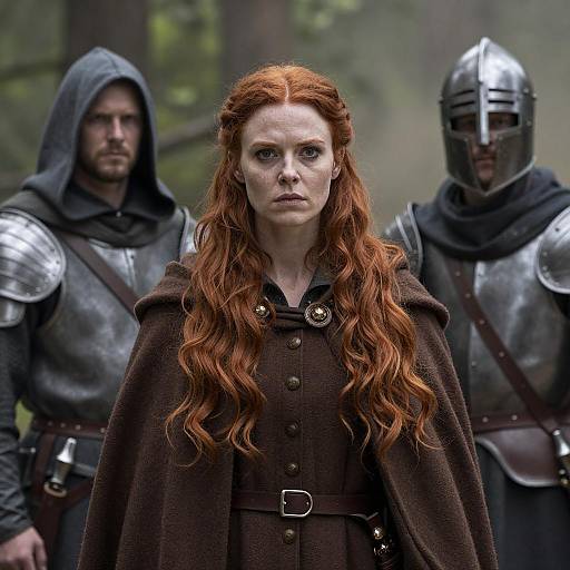 Medieval Red-Haired Woman with Armored Guards