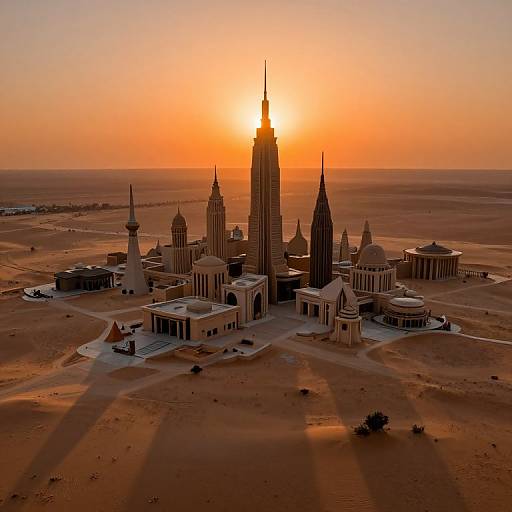 Photograph of a futuristic city at sunset, featuring tall, sleek skyscrapers with pointed spires, set in a vast, desert landscape. Warm