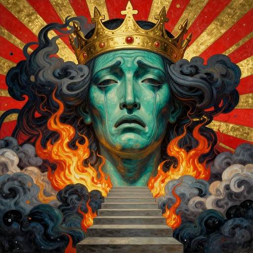 Digital artwork of a sad, green-faced deity with black wavy hair, gold crown, fiery flames, and smoke, ascending gray stairs. Red and