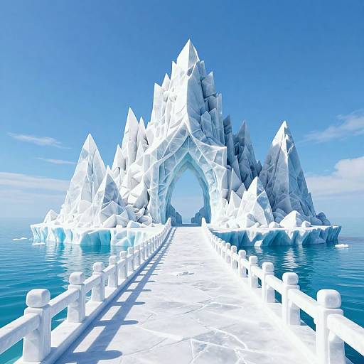 Photograph of an icy, crystal-like island with an archway, connected by a white, wooden plank bridge over calm, blue water.
