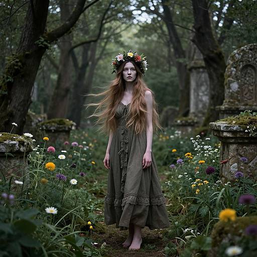 Photograph of a fair-skinned woman with long, flowing brown hair, wearing a green dress and floral crown, standing barefoot in a lush forest