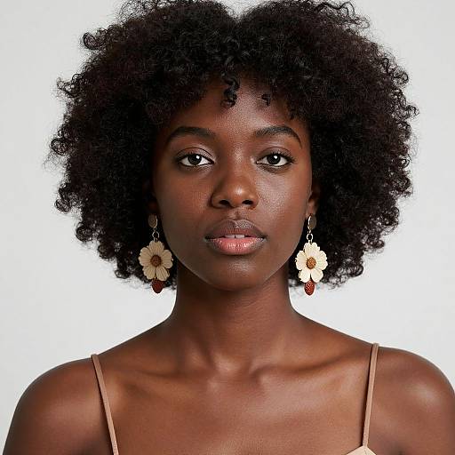 Photograph of a beautiful Black woman with dark, curly hair, wearing floral earrings and a beige spaghetti-strap top, against a white background.
