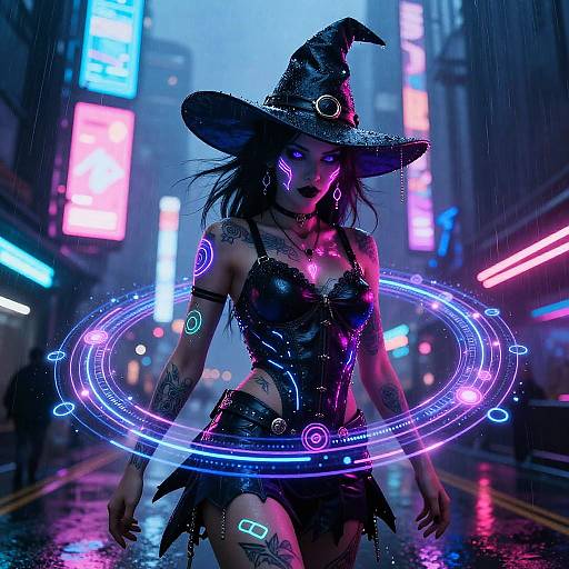 Neon Cyber Witch in Futuristic Street