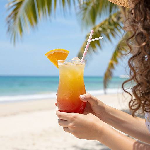 Photograph of a tropical beach scene: hands holding a tall glass of orange gradient cocktail with an orange slice and white straw, palm tree and ocean in