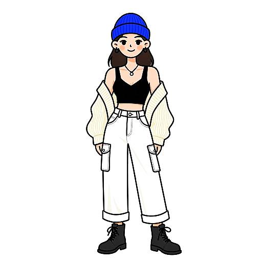 Digital drawing of a smiling woman with long brown hair, blue beanie, black tank top, white cargo pants, off-shoulder cream sweater,
