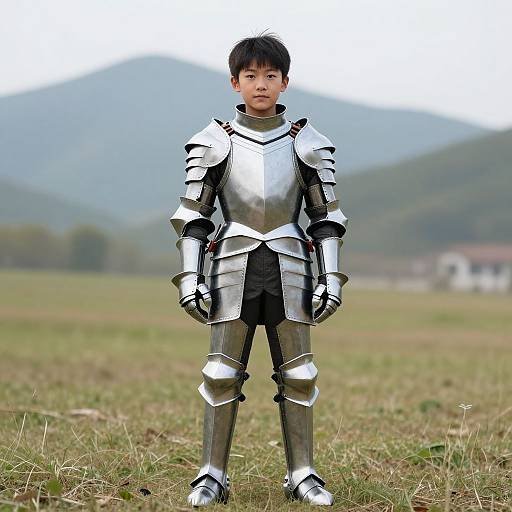 Photograph of young Asian boy standing in a grassy field, wearing full shiny silver medieval knight armor, with misty mountains in the background.