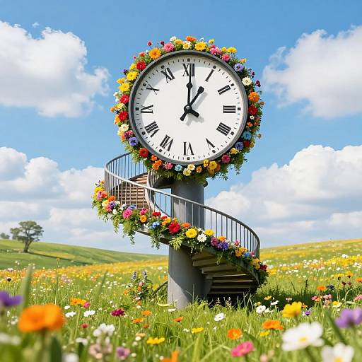 Photograph of a large, flower-adorned clock with a spiral staircase, set in a vibrant, sunny meadow filled with colorful wildflowers.