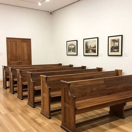 Photograph of a minimalist church interior with dark wooden pews, light hardwood floors, white walls, and three black-framed landscape paintings. A wooden