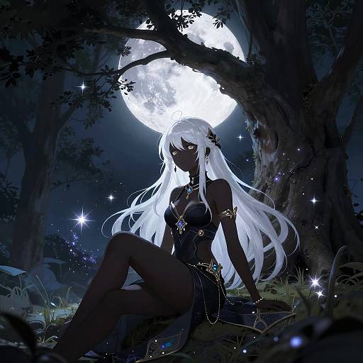Digital anime artwork of a dark-skinned, white-haired woman with glowing yellow eyes, wearing a black, bejeweled outfit, seated under a