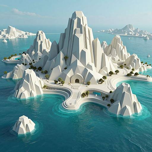 Digital CGI image of a white, geometric, island paradise with towering crystal-like peaks, turquoise water, winding pathways, palm trees, and a central arch
