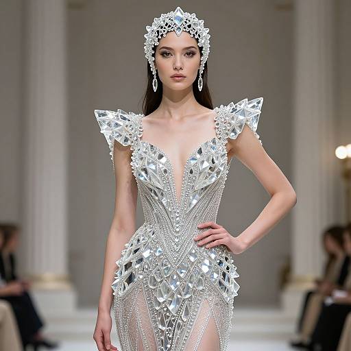 Photograph of a slender, fair-skinned female model with long dark hair, wearing an intricate, silver, crystal-embellished, deep V