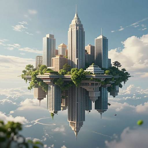 Digital CGI of a futuristic, floating cityscape with skyscrapers surrounded by greenery, reflecting perfectly in a calm, blue sky.