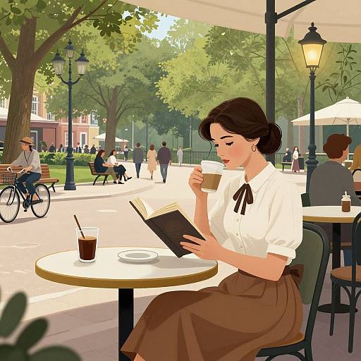 Digital illustration of a brunette woman in vintage attire, reading a book while sipping coffee at an outdoor café, surrounded by trees and people.