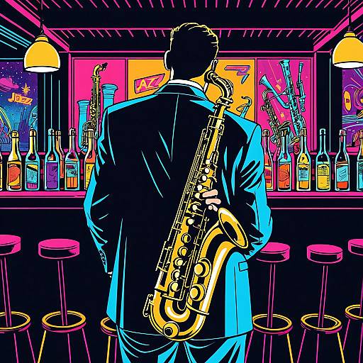 Android Jazz Musician in Futuristic Neon Bar
