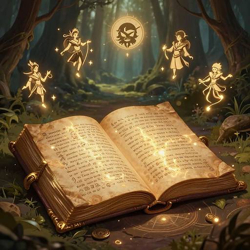 Magical forest scene: glowing open book with illuminated text, surrounded by floating fairy-like creatures, under a radiant moon symbol. Digital art.