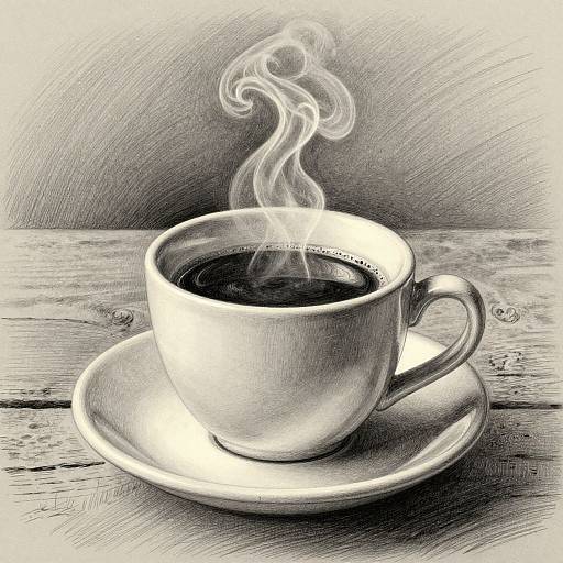 Black-and-white pencil drawing of a steaming cup of coffee on a saucer, set on a textured wooden surface.