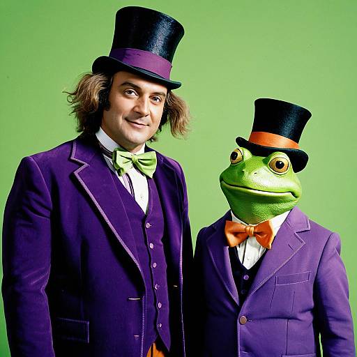 Photograph of a man and a green frog in purple top hats, matching suits, and bow ties, against a bright green background.
