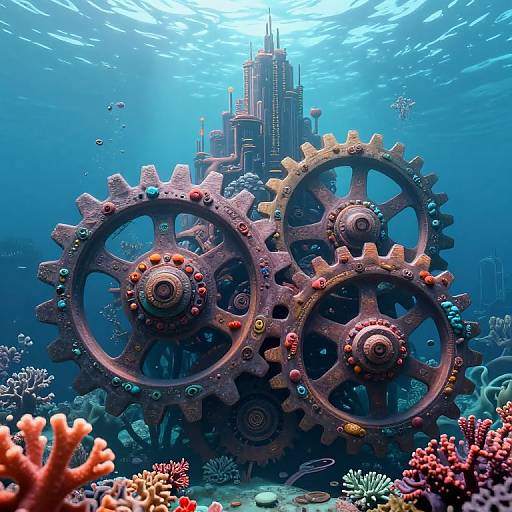 Photograph-style CGI: Underwater scene with large, colorful, industrial gears in the foreground, surrounded by vibrant corals, fish, and a distant