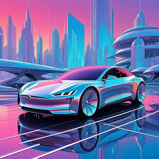 Futuristic Silver Tesla in Neon City