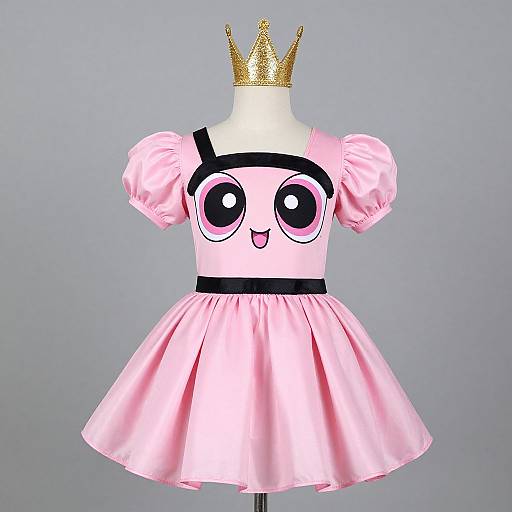 Pink cartoon princess dress with puffed sleeves, black straps, and large eyes, adorned with a gold crown on a white mannequin.