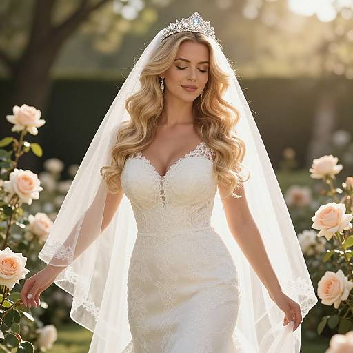 Photograph of a blonde bride with long curls, wearing a white lace dress, tiara, and veil, surrounded by pink roses. Sunlight illumin