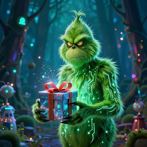 Neon Cyber Grinch in Futuristic Forest