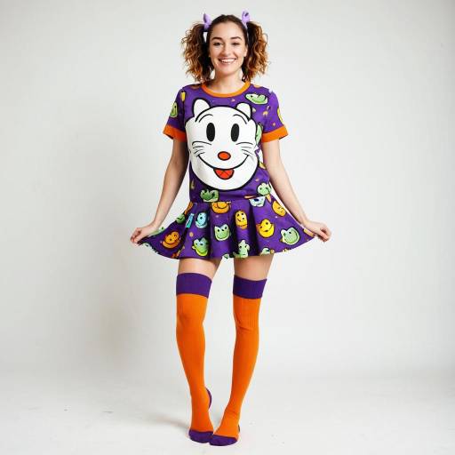 Woman in Playful Cartoon-Themed Dress