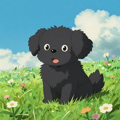 Cute digital drawing of a fluffy black puppy with wide eyes and open mouth, sitting in a vibrant green meadow with colorful flowers, under a bright