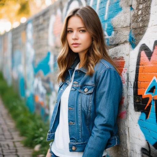 Young Woman in Denim Jacket by Graffiti Wall