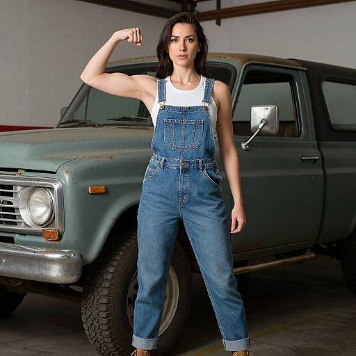 Photograph of a muscular woman with dark hair, flexing her right arm, wearing blue denim overalls over a white tank top, standing in front