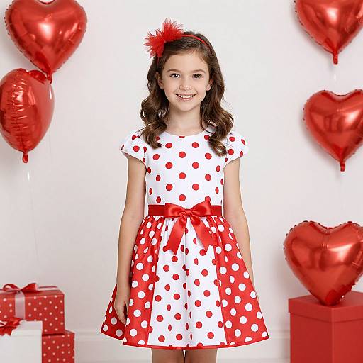 Photograph of a young girl with wavy brown hair, wearing a red polka dot white dress, red bow, and red headband, standing