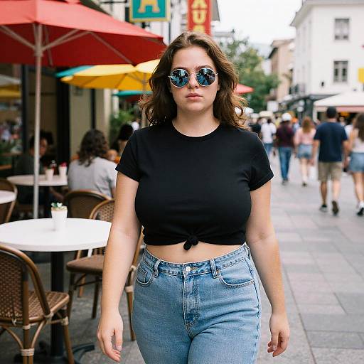 Photograph of a young woman with wavy brown hair, wearing reflective sunglasses, black tied crop top, and high-waisted blue jeans, walking