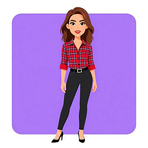 Digital illustration of a stylish woman with long brown hair, wearing a red plaid shirt, black pants, and black high heels, standing against a purple