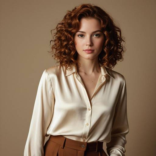 Portrait of Woman with Curly Auburn Hair in Silk Blouse