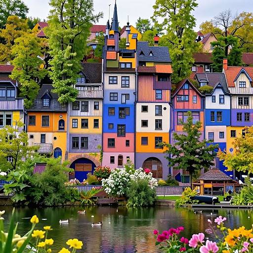 Vibrant, colorful row of multicolored houses with tall trees and lush gardens in the foreground, reflecting in a calm river. Photorealistic