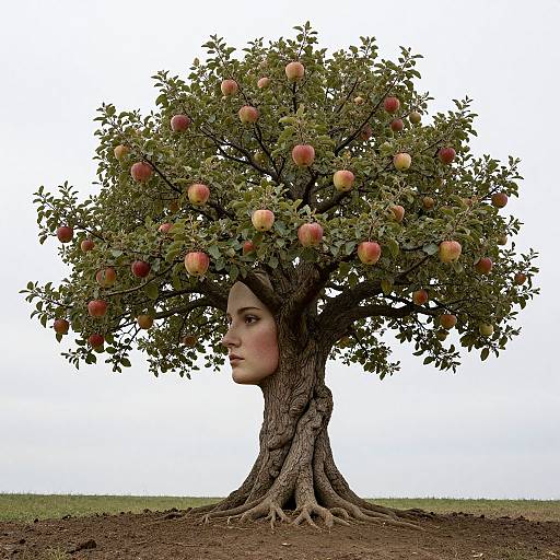 Photograph of a surreal tree with a human face blending into its upper branches, adorned with red and green apples, standing on a dirt patch against a