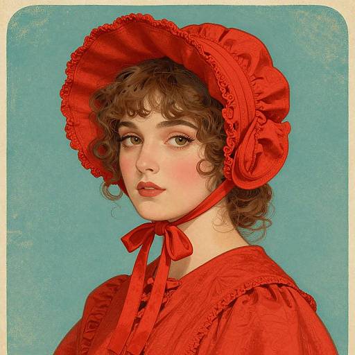 Digital painting of a fair-skinned woman with curly brown hair, wearing a red ruffled bonnet and matching red dress, against a teal background.