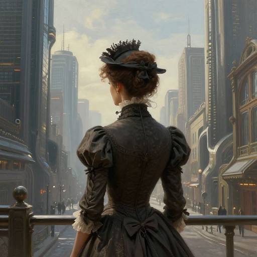 Digital painting of a Victorian woman in a black dress and hat, standing on a foggy, futuristic city street, surrounded by tall skyscrapers.