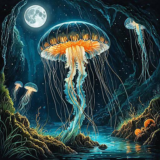 Bioluminescent Jellyfish in Moonlit Cave
