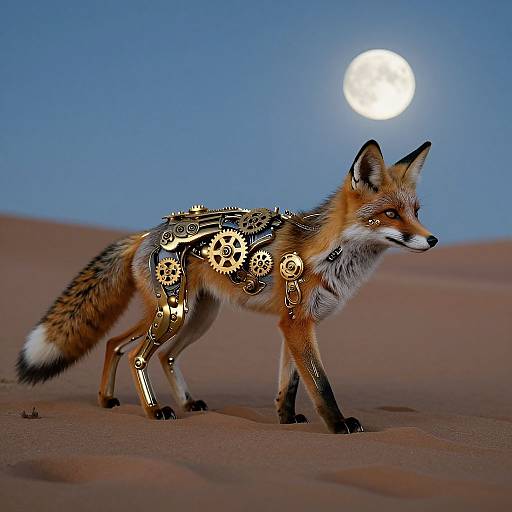 Digital artwork of a fox with metallic gear patterns on its body, standing in a desert under a bright full moon.