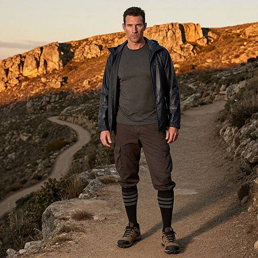 Photograph of a fit, serious-looking man in black athletic gear standing on a rocky trail with sunlit cliffs in the background.